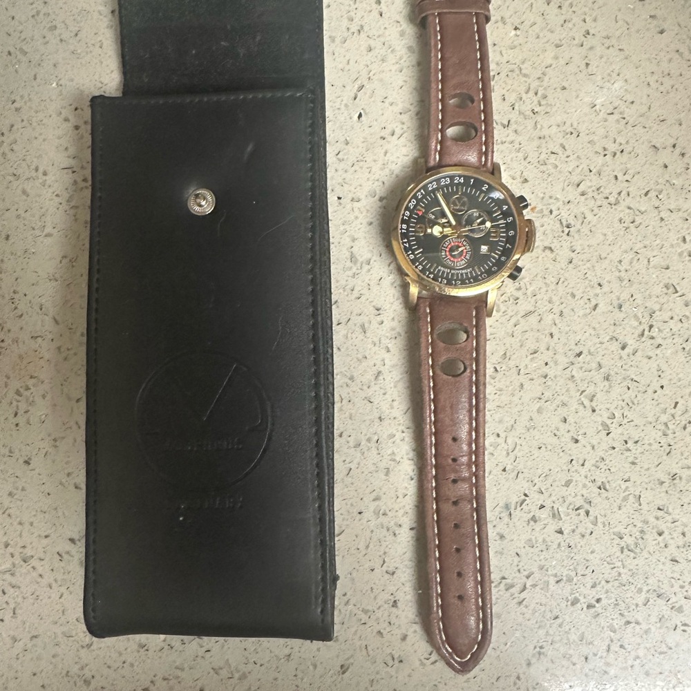 Culinary Executive Chef Automatic 18k gold with Brown Leather racing strap